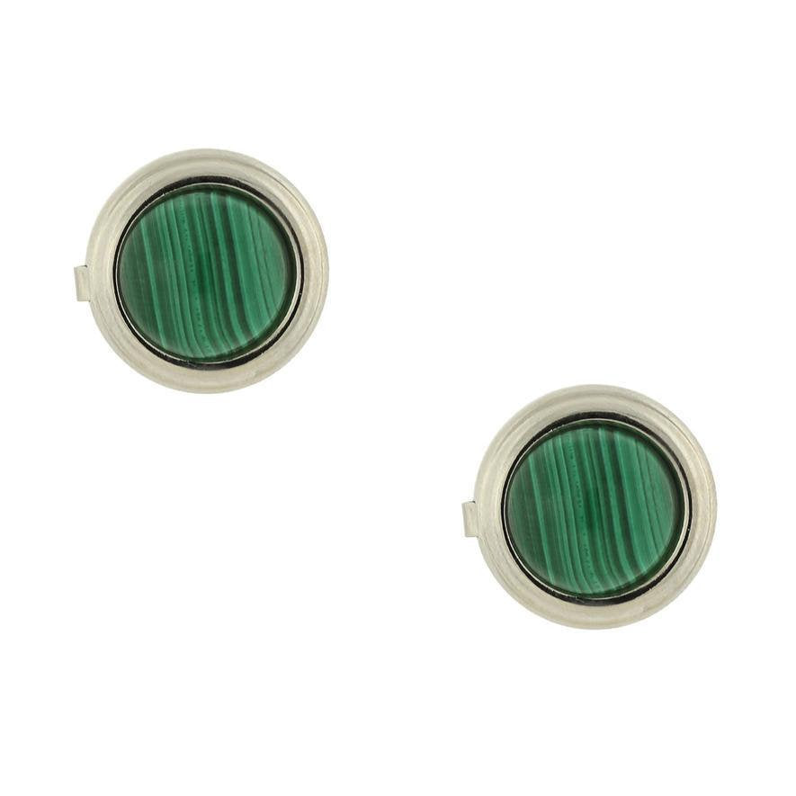 Faux Cufflinks Silver Framed Green Malachite Stone Round  Button Covers Image 1
