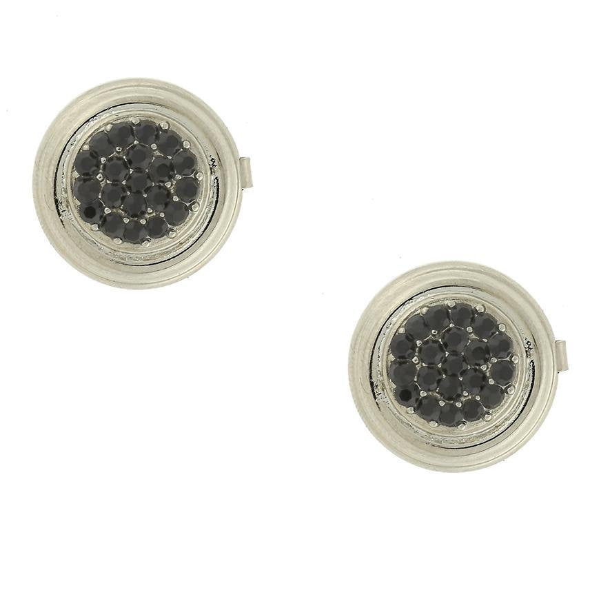 Faux Cufflinks Silver Framed Pave Black Crystal Round Silver Button Covers Unique Gift Image 1