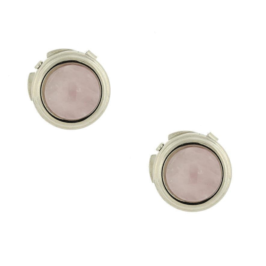 Faux Cufflinks Silver Tone Framed Pink Quartz Round Silver Button Covers Unique Gift Image 1