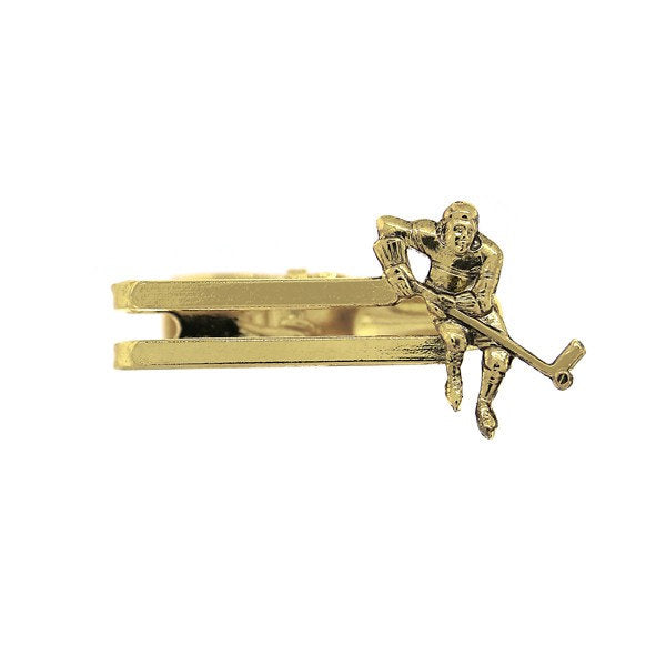 Unique Gold Tone Sports Ice Hockey Player Short Double Bar Tie Clip Classic Dress Up for Success Team Pride Professional Image 1