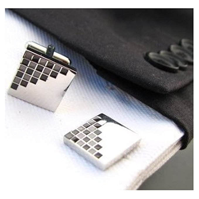 Silver Square 21 Cufflinks Black and Grey Grided Terraced  Cufflinks Cuff Links Image 1