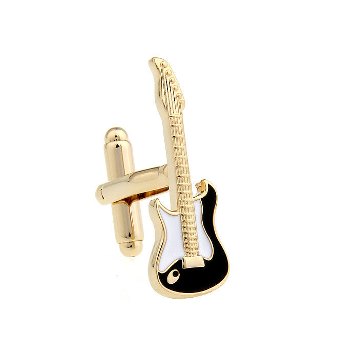 Gold Electric Guitar Cufflinks Black Enamel and White Enamel Full Guitar with Body and Neck Rock and Roll Cuff Links Image 1
