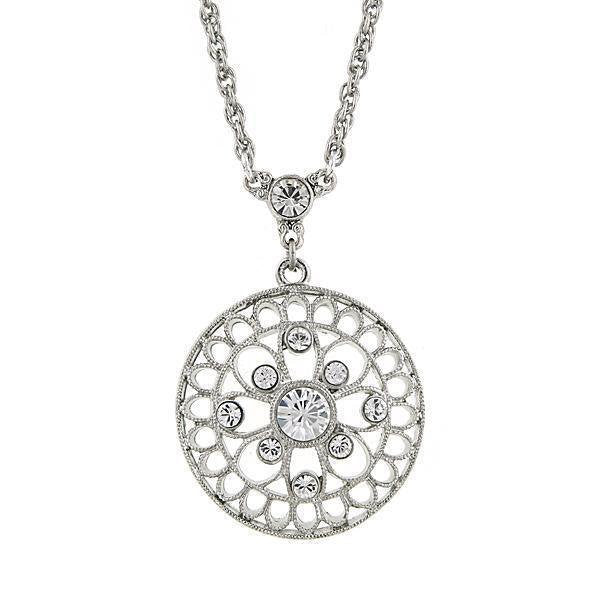 Silver Tone Crystal Magnifying Round Filigree Pendant Necklace Silk Road Jewelry Image 1
