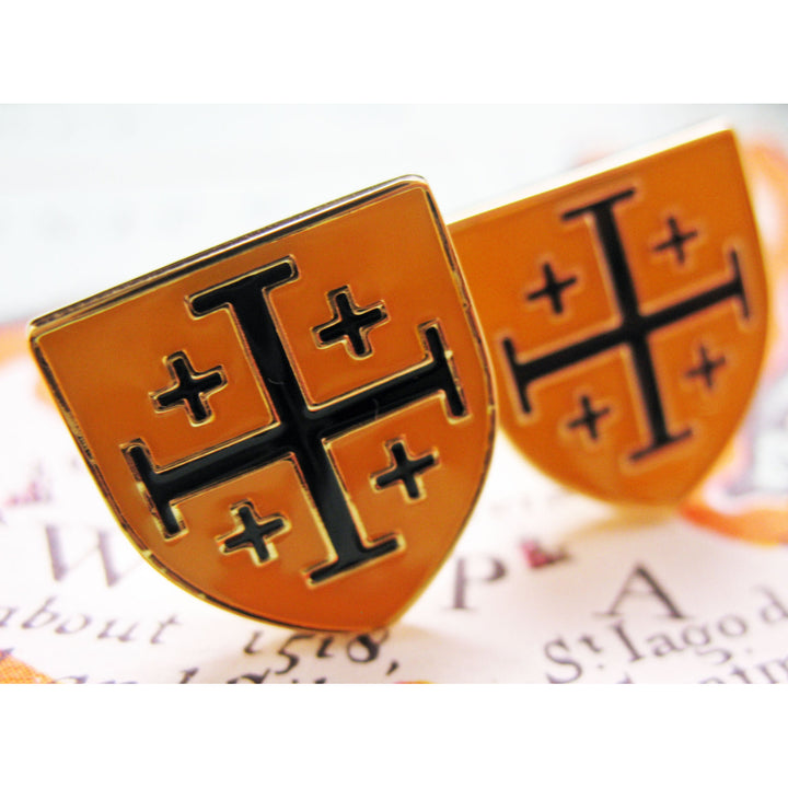 Crusader Shield Cufflinks Yellow and Black Enamel Jerusalem Holy Land Cross The Shield of Light Cuff Links Comes with Image 1