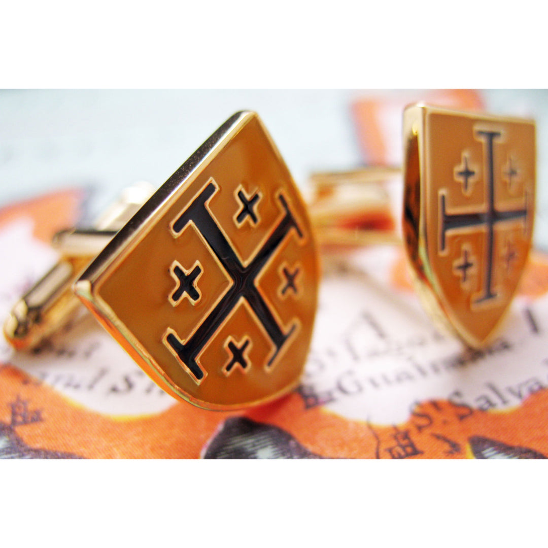 Crusader Shield Cufflinks Yellow and Black Enamel Jerusalem Holy Land Cross The Shield of Light Cuff Links Comes with Image 2