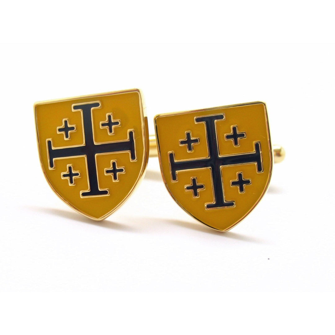 Crusader Shield Cufflinks Yellow and Black Enamel Jerusalem Holy Land Cross The Shield of Light Cuff Links Comes with Image 3
