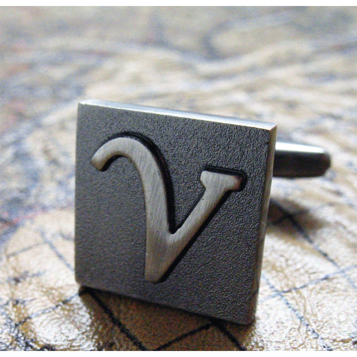 V Initial Cufflinks Gunmetal Square 3-D Letter Vintage English Letters Personalized Cuff Links Groom Bride Wedding Image 1