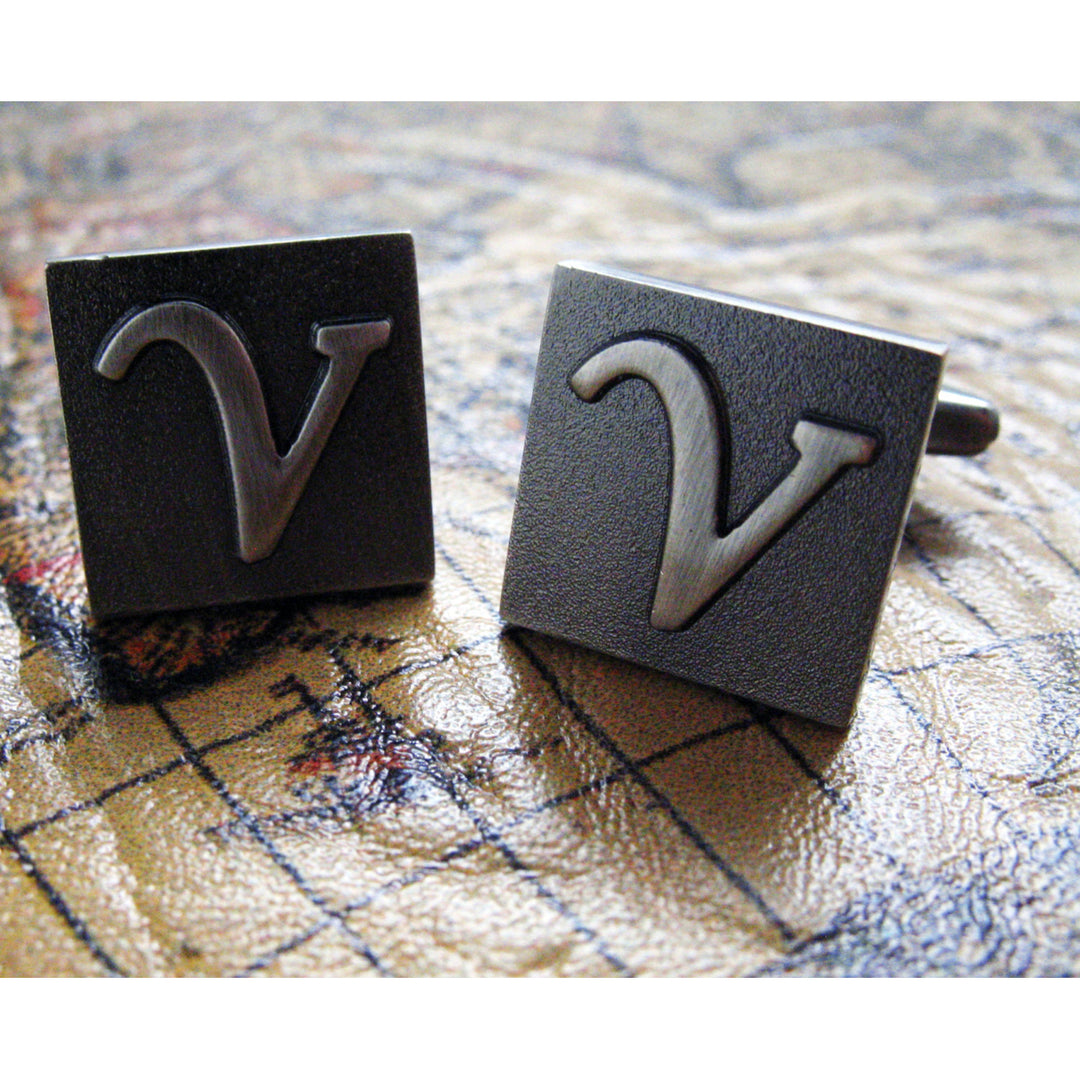 V Initial Cufflinks Gunmetal Square 3-D Letter Vintage English Letters Personalized Cuff Links Groom Bride Wedding Image 2