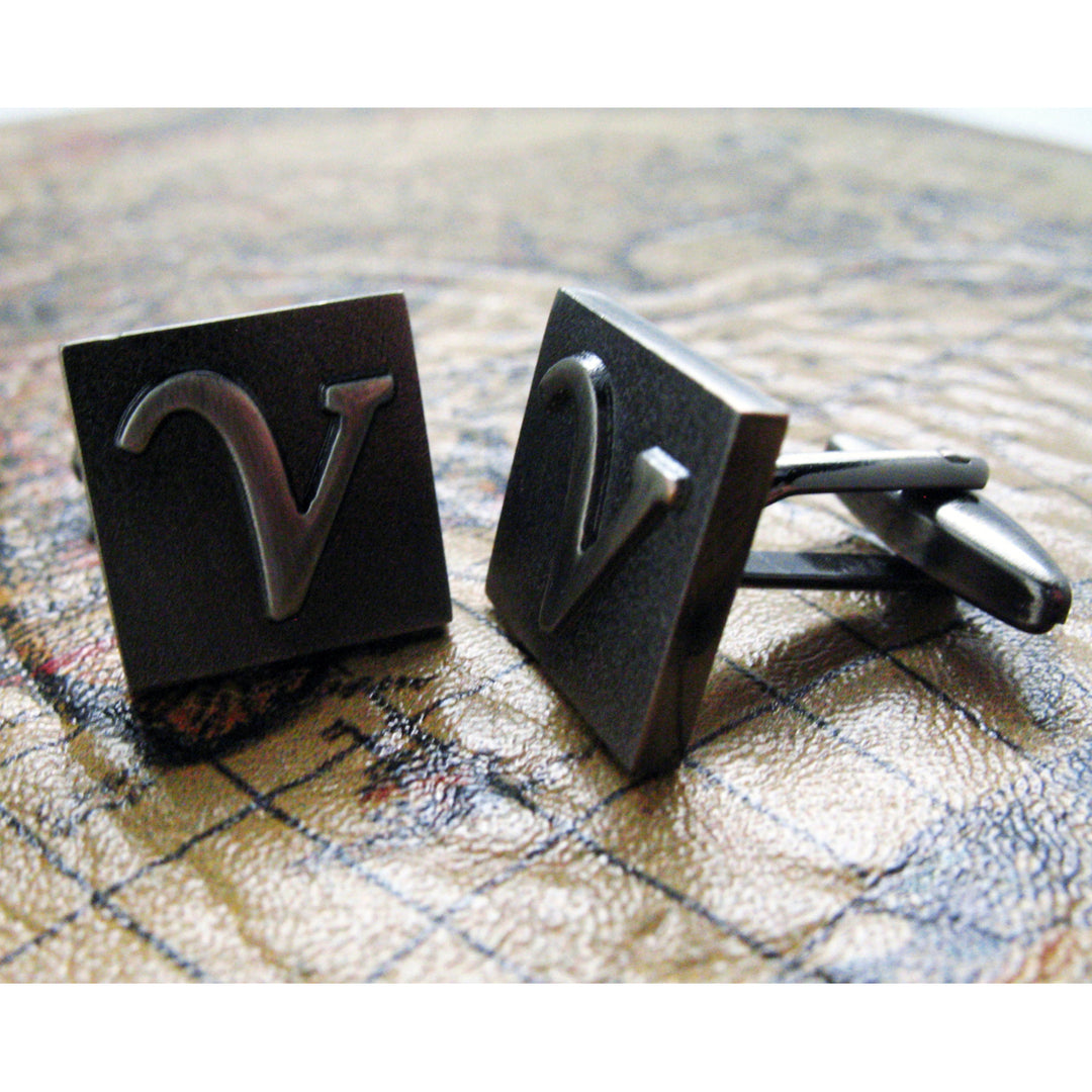 V Initial Cufflinks Gunmetal Square 3-D Letter Vintage English Letters Personalized Cuff Links Groom Bride Wedding Image 4
