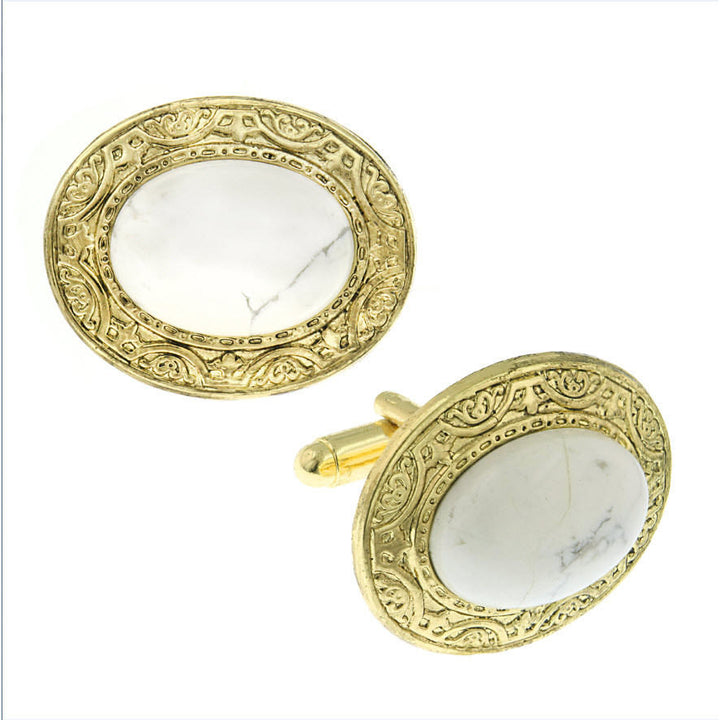 Embossed Oval Cufflinks Gold Tone White Howlite Cuff Links Image 1
