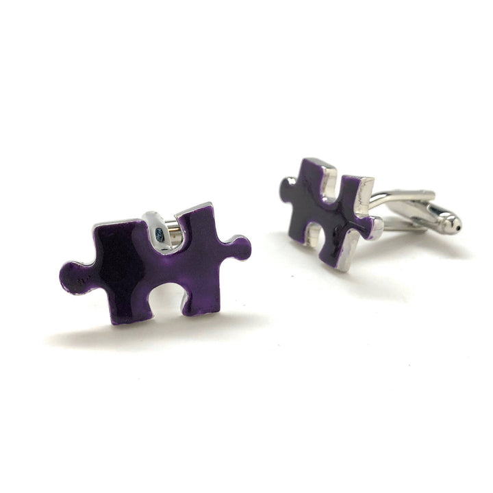 Purple Haze Jigsaw Puzzle Piece Cufflinks Silver Tone Enamel Dark Purple Party Game Cuff Links Comes with Gift Box Image 2