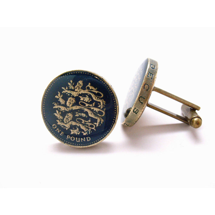 Birth Year Birth Year Enamel Cufflinks Rustic Lion Blue British One Pound Rampant Lions Hand Painted Enamel Coin Jewelry Image 2