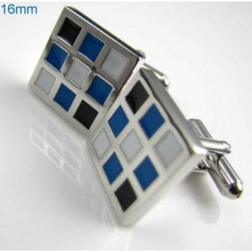 Shades of Blue Navy White Cufflinks with Silver Accents Checkered Cufflinks Cuff Links Image 1