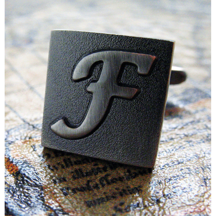 F Initial Cufflinks Gunmetal Square 3-D Letter English Lettering Personalized Cuff Links Groom Father Bride Wedding  Box Image 1