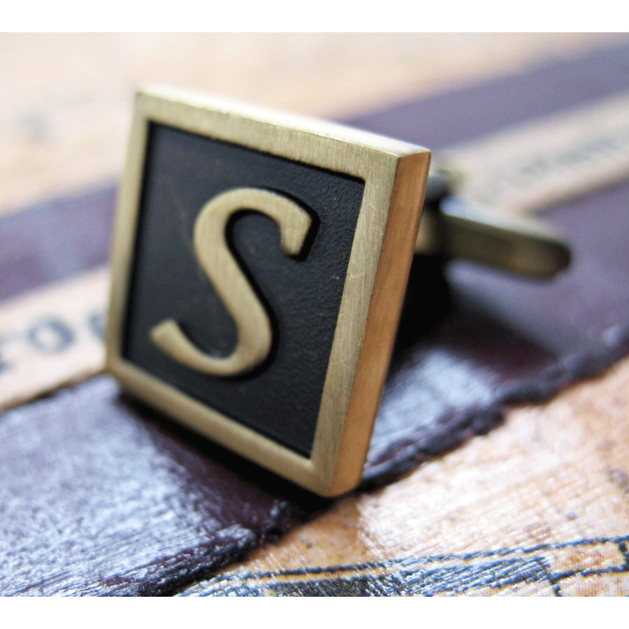 S Initial Cufflinks Antique Brass Square 3-D Letter S Vintage English Lettering Cuff Links Groom Father Bride Wedding Image 1