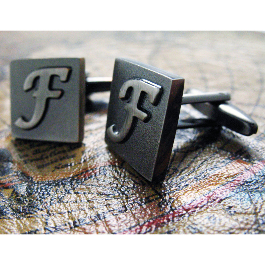 F Initial Cufflinks Gunmetal Square 3-D Letter English Lettering Personalized Cuff Links Groom Father Bride Wedding  Box Image 2