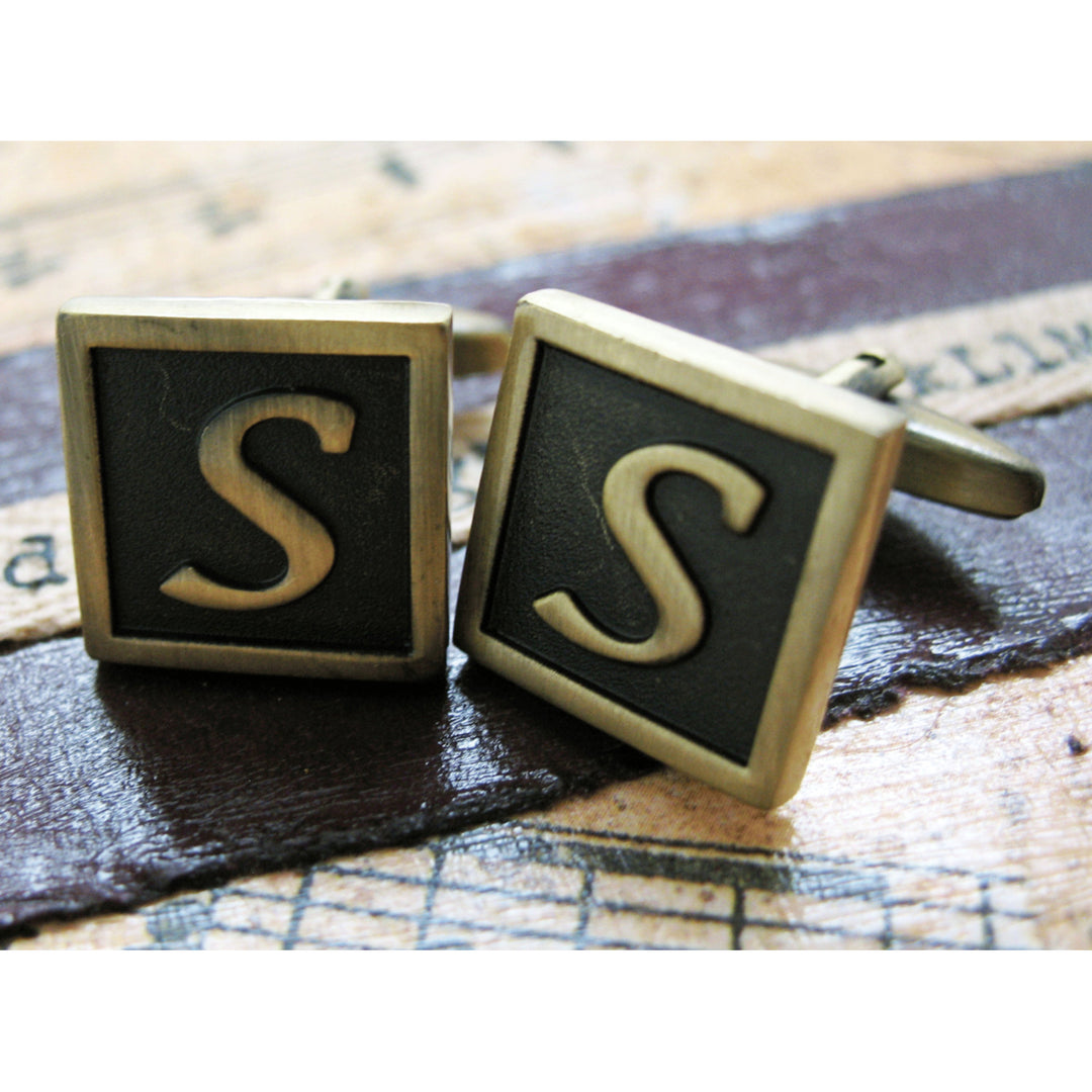 S Initial Cufflinks Antique Brass Square 3-D Letter S Vintage English Lettering Cuff Links Groom Father Bride Wedding Image 2