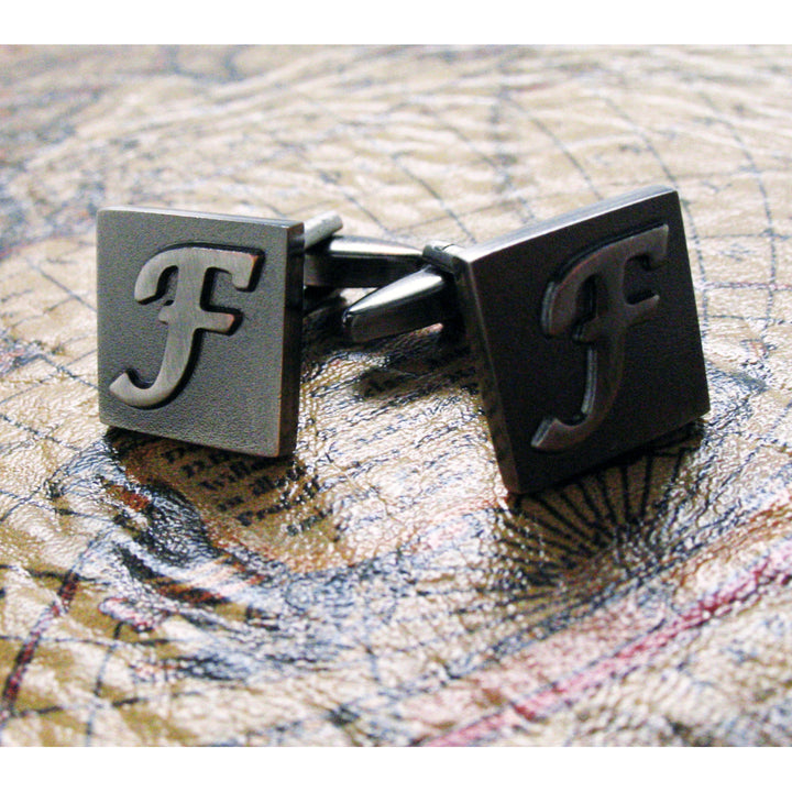 F Initial Cufflinks Gunmetal Square 3-D Letter English Lettering Personalized Cuff Links Groom Father Bride Wedding  Box Image 3