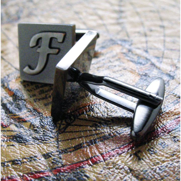 F Initial Cufflinks Gunmetal Square 3-D Letter English Lettering Personalized Cuff Links Groom Father Bride Wedding  Box Image 4