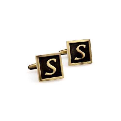 S Initial Cufflinks Antique Brass Square 3-D Letter S Vintage English Lettering Cuff Links Groom Father Bride Wedding Image 4