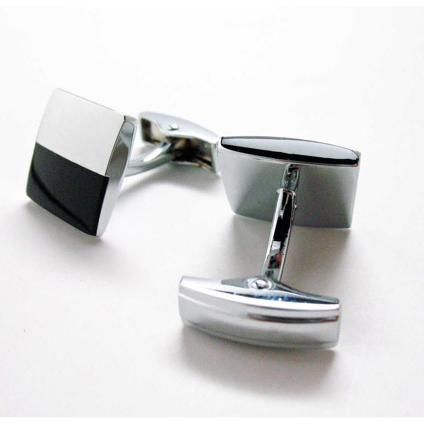 Shiny Silver Cufflinks Boardroom Black Silver Halbaz Classic Whale Tail Back Perfect Cuff Links Image 1