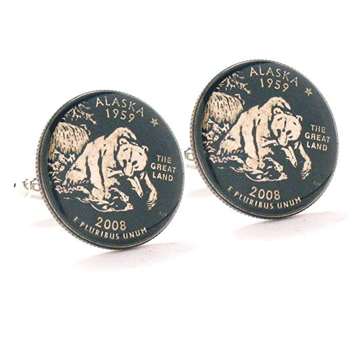 Birth Year Enamel Cufflinks Alaska Quarter Suit Flag State Enamel Coin Jewelry USA US United States Juneau Anchorage Image 1