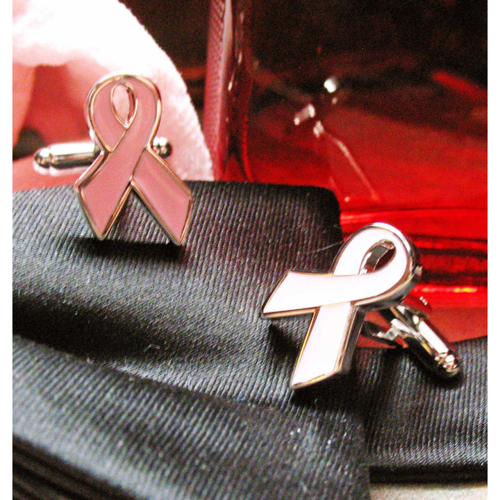 Pink Breast Cancer Ribbons Cufflinks October Awareness Hope for Loved Ones Pink and Silver Enamel Cuff Links Image 2