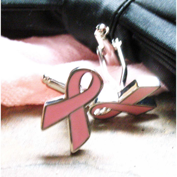 Pink Breast Cancer Ribbons Cufflinks October Awareness Hope for Loved Ones Pink and Silver Enamel Cuff Links Image 3