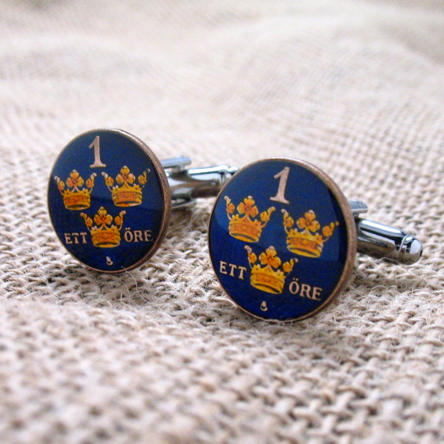 Birth Year Birth Year Enamel Cufflinks Hand Painted Swedish Ore Cuff Links Enamel Coin Jewelry Money Three Crown Royal Image 1
