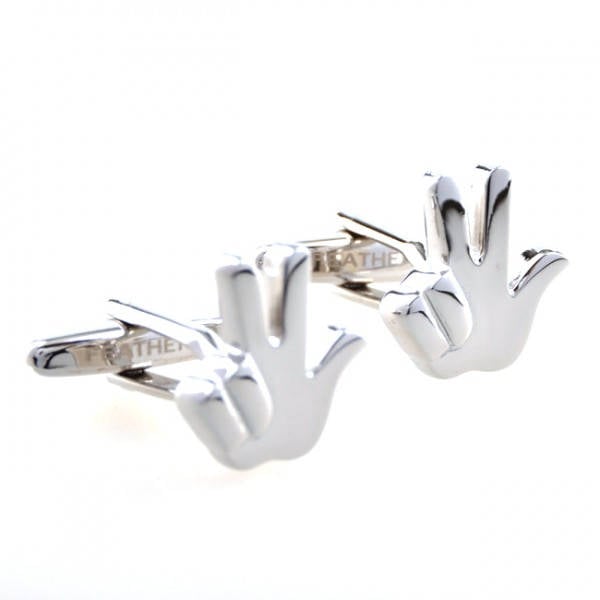 Hand Gesture Cufflinks Silver Tone Lucky 3 Three Sign language Comes with Gift Box White Elephant Gifts Image 1