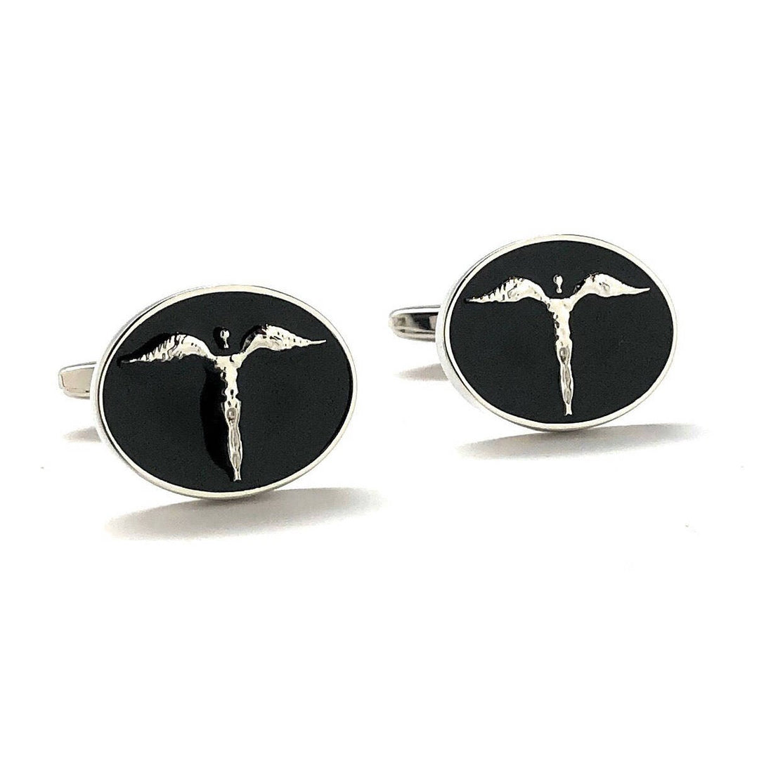 Angel Cufflinks Classic Silver Round Black Enamel Cuff Links Comes with Gift Box Image 1