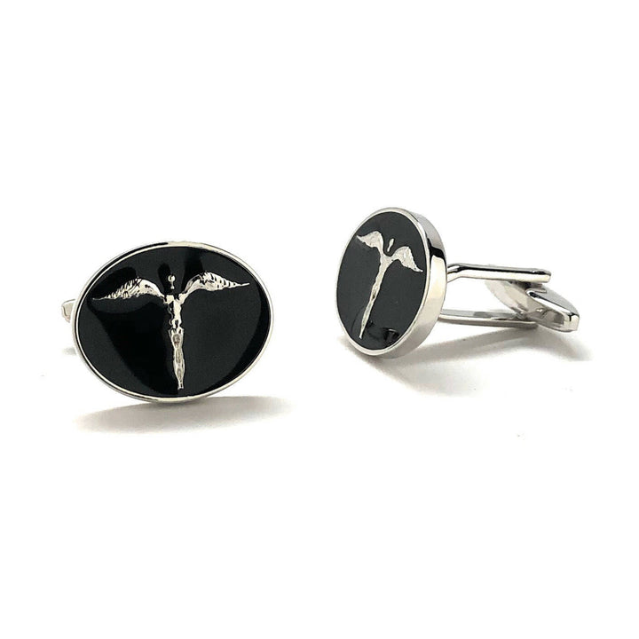 Angel Cufflinks Classic Silver Round Black Enamel Cuff Links Comes with Gift Box Image 2