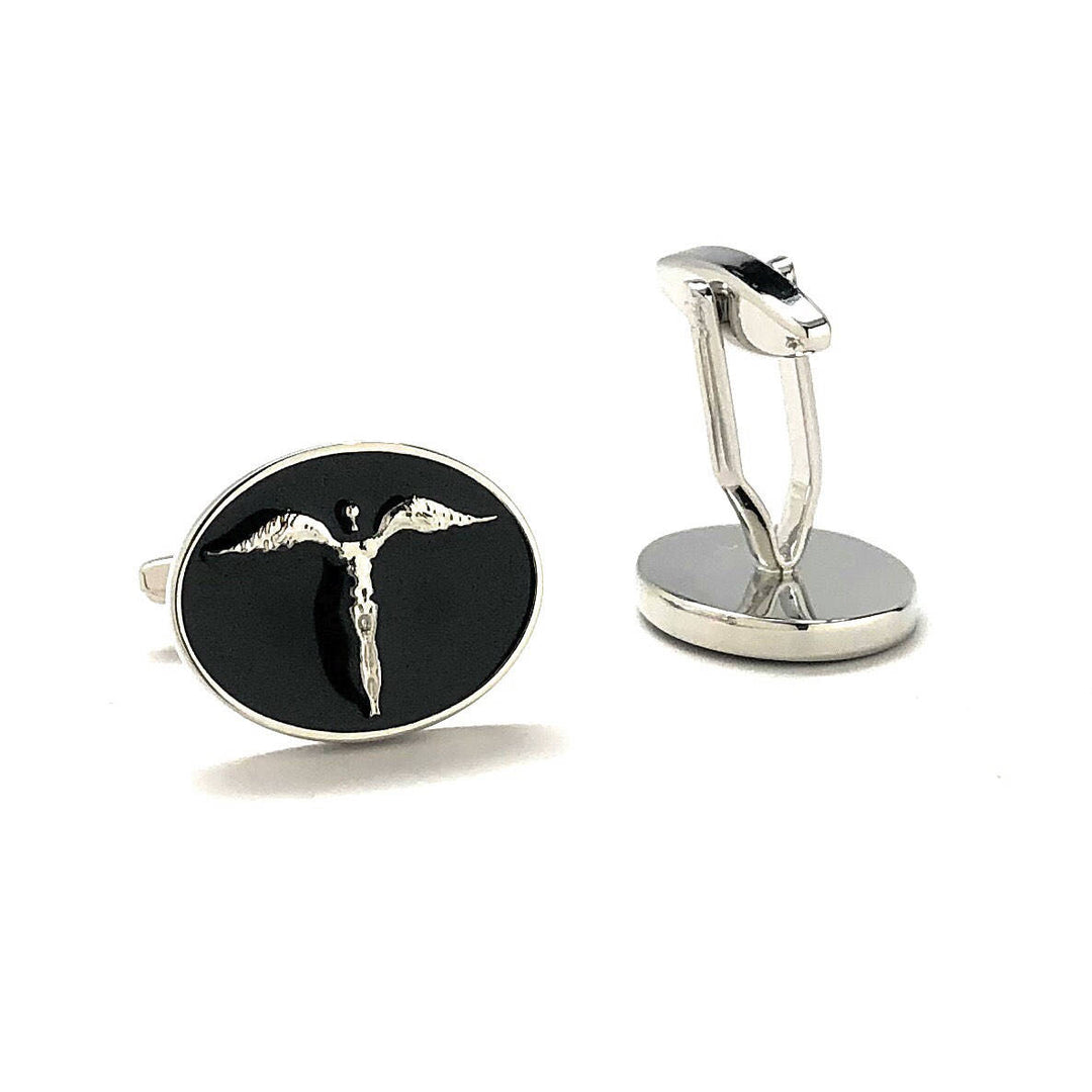 Angel Cufflinks Classic Silver Round Black Enamel Cuff Links Comes with Gift Box Image 3