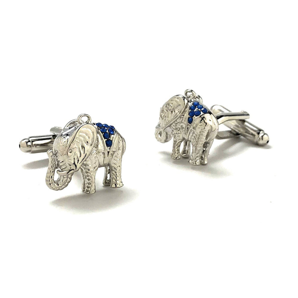 Indian Blue Crystals Elephants Cufflinks Silver Tone African Safari Animals Cuff Links Comes with Gift Box Image 2