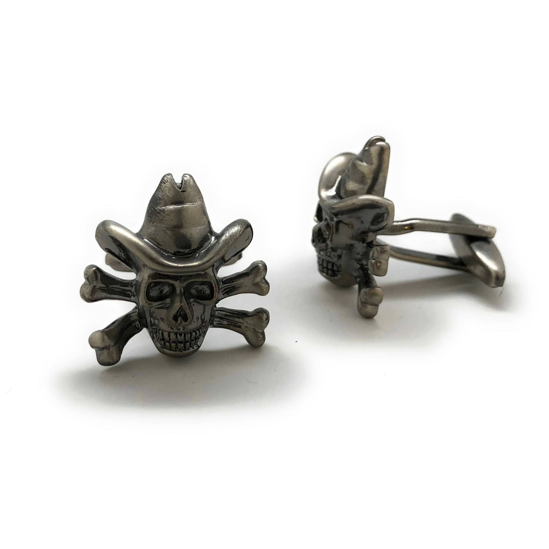 One Eye Duke Cufflinks Desperado Cowhand Gunmetal Cowboy Outlaw Skull and Crossbones Cuff Links Comes with Box White Image 2