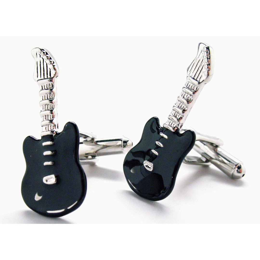 Electric Guitar Cufflinks Black Enamel With Silver Tone Rock and Roll Cuff Links Large Cufflinks Cool Hip Comes with Image 1