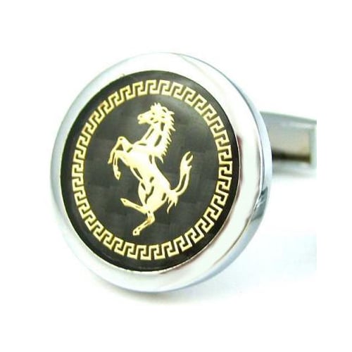 Stallion Cufflinks Round Carbon Fiber Background Gold Toned Horse Cufflinks Image 1