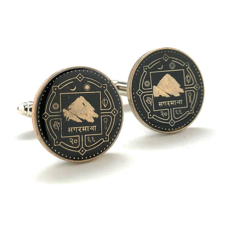 Enamel Cufflinks Hand Painted Mount Everest Enamel Coin Jewelry Black Edition Nepal Rupee Coins Money Asia India Finance Image 1