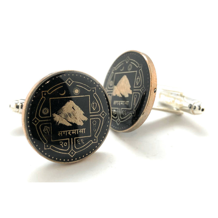 Enamel Cufflinks Hand Painted Mount Everest Enamel Coin Jewelry Black Edition Nepal Rupee Coins Money Asia India Finance Image 2