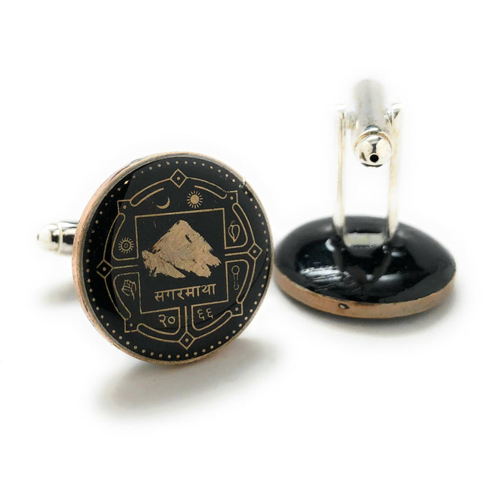 Enamel Cufflinks Hand Painted Mount Everest Enamel Coin Jewelry Black Edition Nepal Rupee Coins Money Asia India Finance Image 3