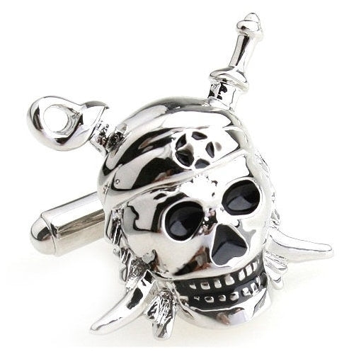 Pirate Cufflinks Silver Skull Pirates in the Caribbean Jolly Rodger CufflinkHalloween Skull Nightmares Silver Toned Cuff Image 1
