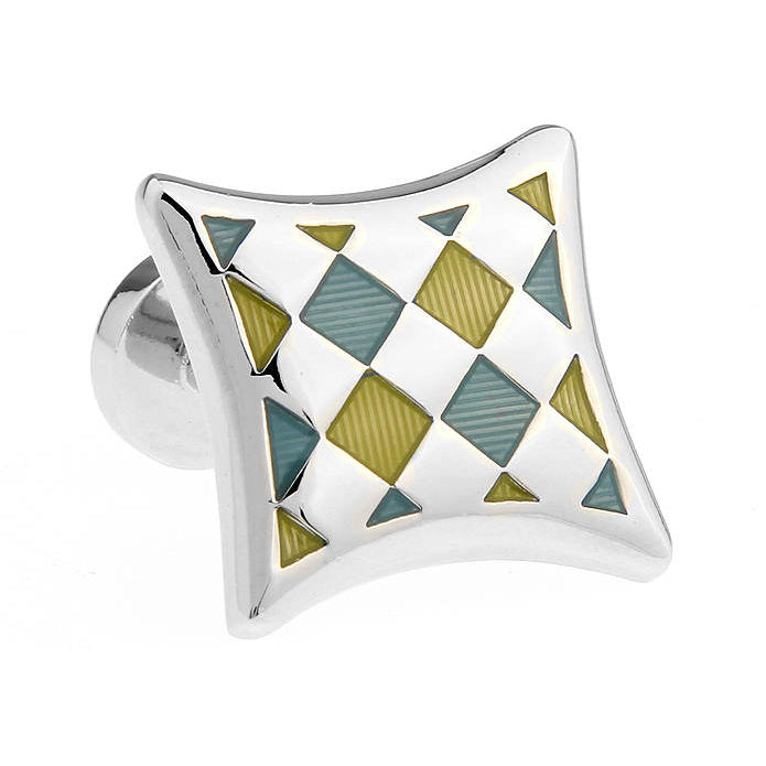 Checkered Cufflinks Yellow and Light Blue Enamel Silver Weave Diamond Shape Straight Post Cufflinks Cuff Links Image 1