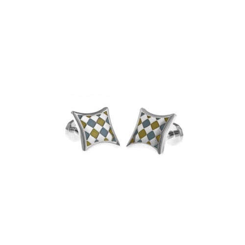 Checkered Cufflinks Yellow and Light Blue Enamel Silver Weave Diamond Shape Straight Post Cufflinks Cuff Links Image 2
