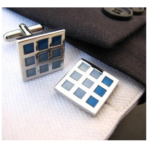 Shades of Blues Cufflinks with Silver Accents Checkered Square Cufflinks Cuff Links Image 1