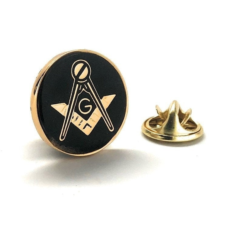 Enamel Pin Masonic Symbol Lapel Pin Freemason Collector Gold Tone Black Enamel Round Compass and Square Tie Tack Comes Image 1