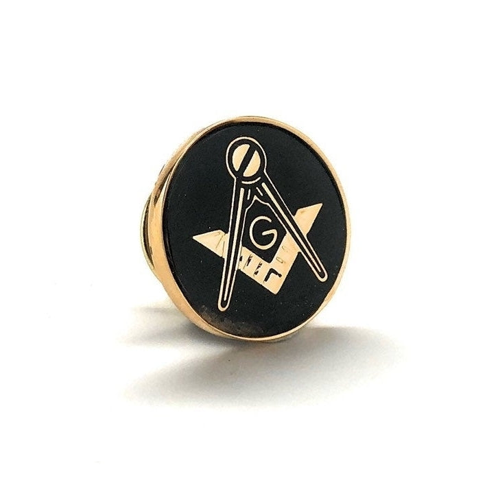 Enamel Pin Masonic Symbol Lapel Pin Freemason Collector Gold Tone Black Enamel Round Compass and Square Tie Tack Comes Image 2