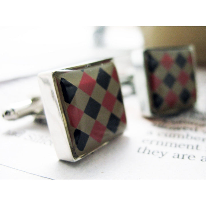 Argyle Design Red and Black Enamel Square Checker Board Cuff Links Image 1