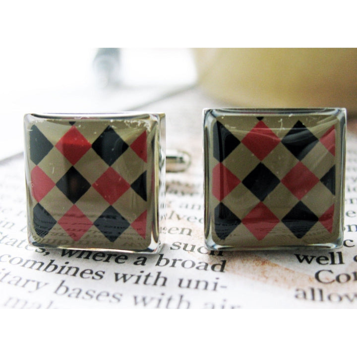 Argyle Design Red and Black Enamel Square Checker Board Cuff Links Image 2