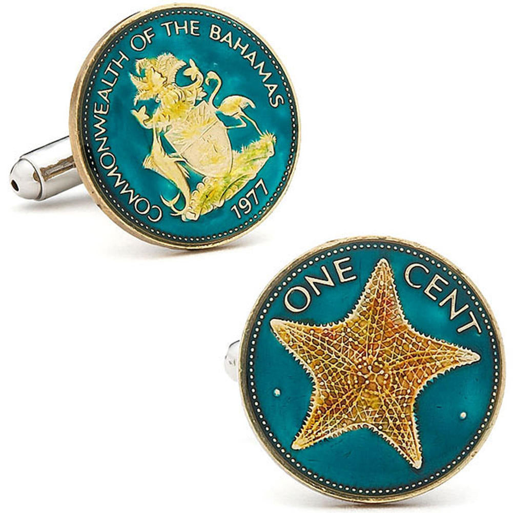 Enamel Cufflinks Bahamas Crest Hand Painted Enamel Coin Jewelry Starfish Cuff Links Blue Enameled Coin Cufflinks Comes Image 1