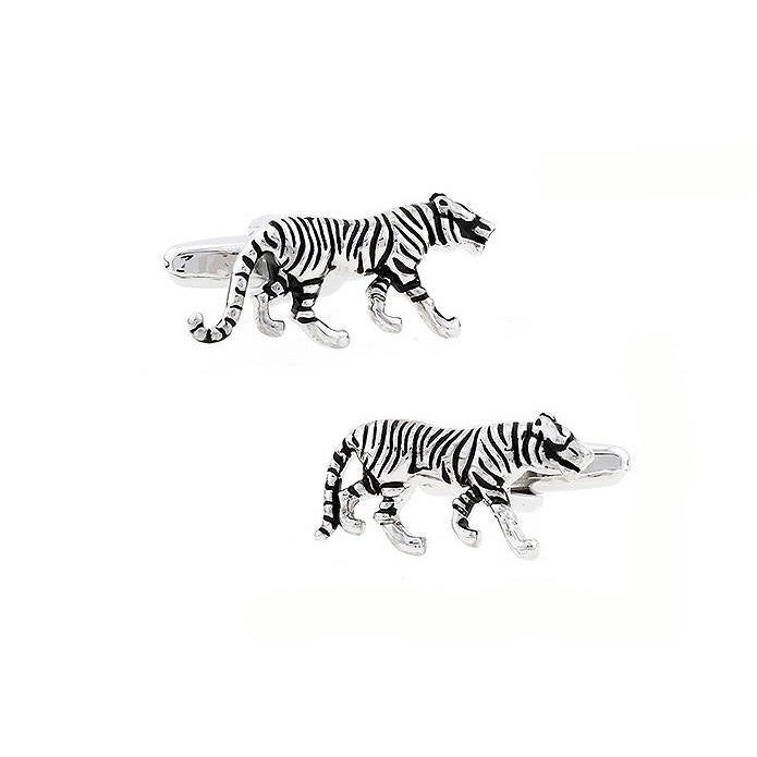 3-D Silver Tone Tiger Cufflinks Animal Cuff Links With Black Enamel Bullet  Cat Species Predators Back Comes in Gift Box Image 1